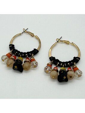 Boho Gold Tone Hoop Earrings With Beaded Dangle Charm Black Cord Wrap Ethnic